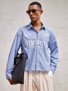 SHEIN X ELOISA & ORSON AKNOTIC Party Camisa casual de manga larga con cuello de solapa, estampado de letras y rayas, con ajuste holgado para uso diario para hombres
