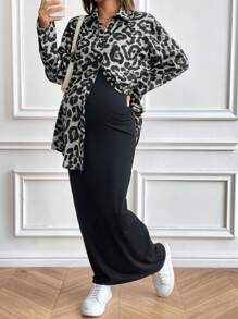 SHEIN 2 Pieces Maternity Outfit Set: Leopard Print Button-Down Shirt And Black Dress For Stylish Pregnancy - Grey - View 6