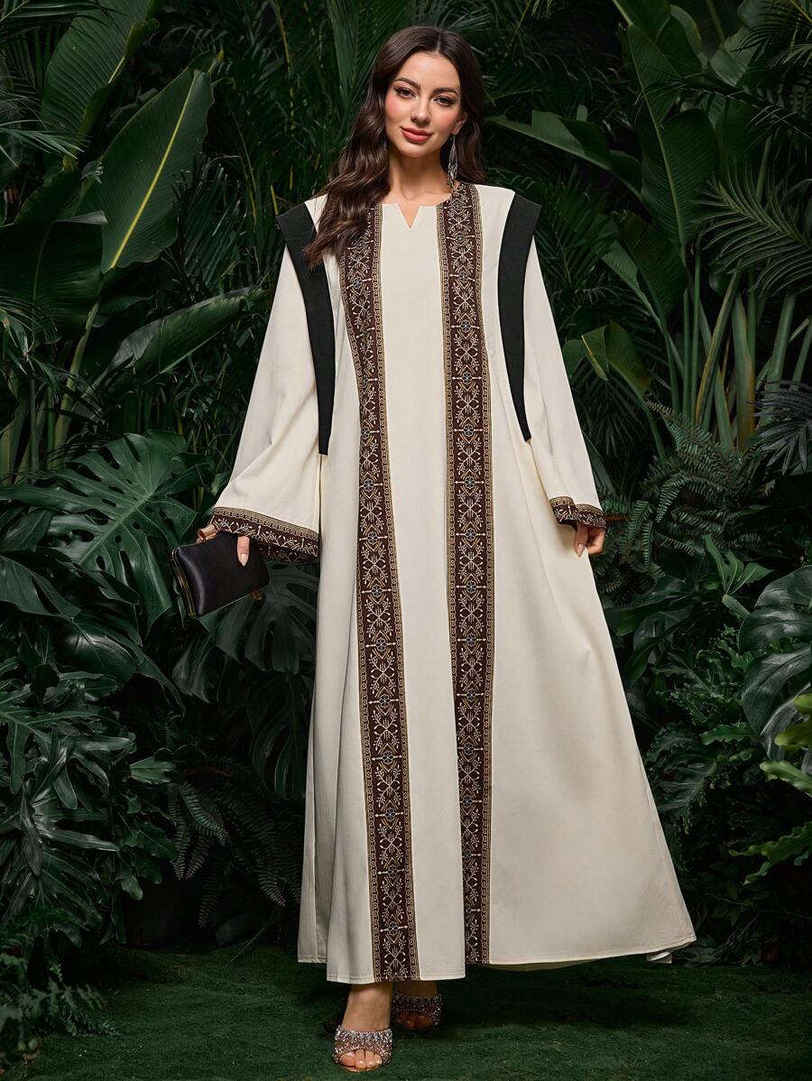 Al Najma Middle East Saudi Arabia Style V-Neck Printed & Color Block Long Dress, Dubai Abaya, Kaftan & Jalabiya,Modest