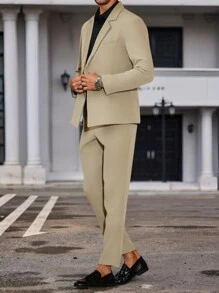 Manfinity Mode Men's Solid Color Casual Suit Set, Minimalist Fashion Everyday - Khaki - View 5