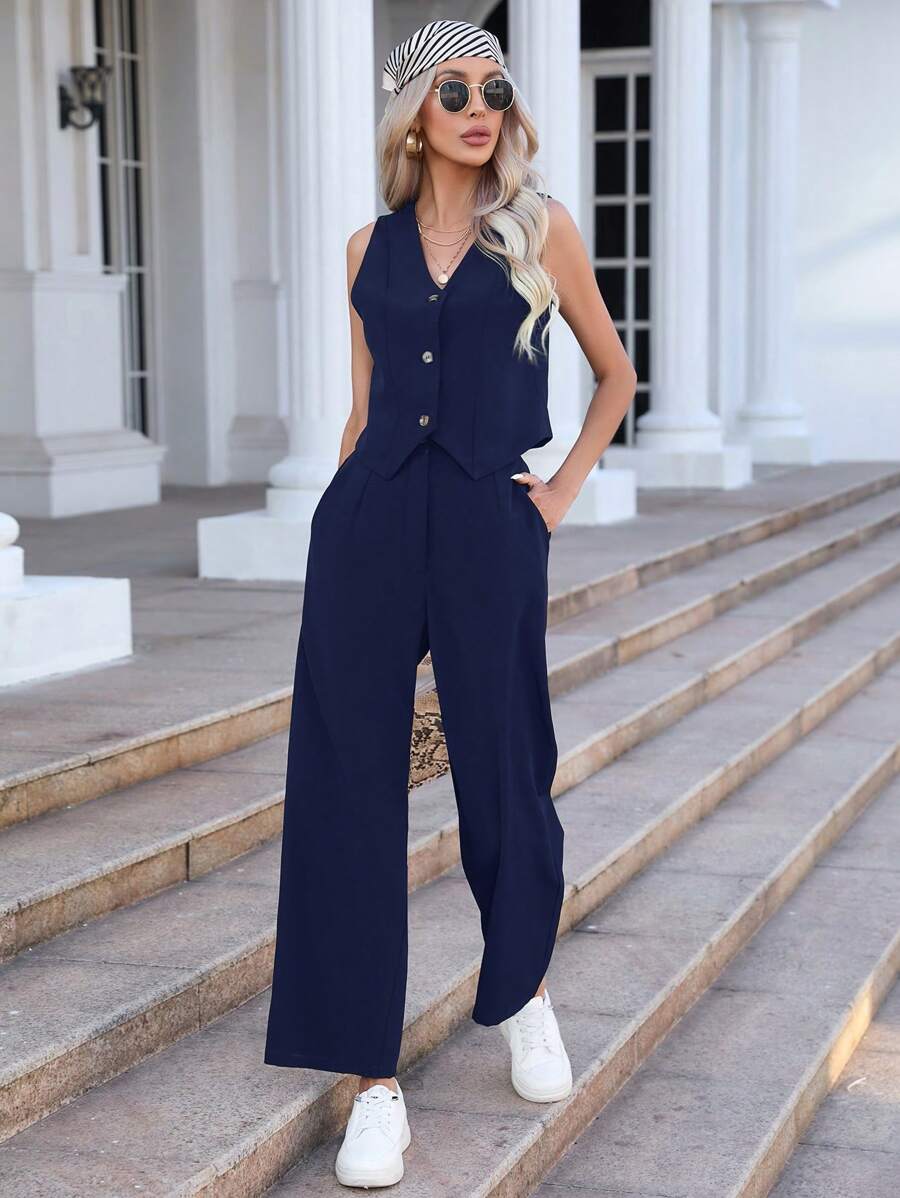 Aveloria Modichic Button Front Vest Blazer & Wide Leg Suit Pants  - Navy Blue - View 1