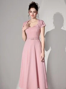 Poshira Váy chữ A xẻ eo ve dài thanh lịch dành cho nữ màu hồng - Hồng - Xem 6