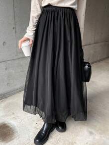 FRIFUL Women's Black Mesh Tulle Pouf Maxi Skirt, Elegant Bubble Skirt For Spring/Summer