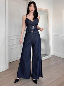 DAZY 女士 V 领交叉吊带背心 + 阔腿牛仔裤两件套 - 深色水洗藍 - 查看 3