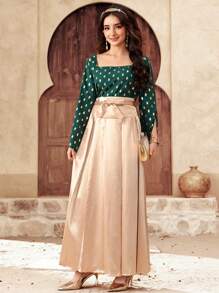SHEIN Teen Girls' Green Square Neck Flare Sleeve Crop Top & Gold High Waist Maxi Skirt Set - Multicolor - View 5