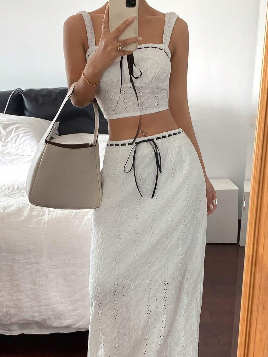 SHEIN Essnce 女士白色编织孔眼刺绣背心和裙子套装，优雅女士两件套，婚礼配套套装 - 白色 - 查看 1