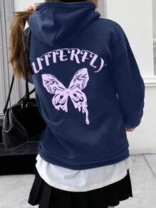 SHEIN EZwear Plus Size Women Autumn Letter & Butterfly Print Long Sleeve Hooded Casual Sweatshirt, For Winter - Royal Blue - View 1