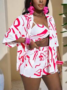 Slaydiva Leisure Holiday Beach 3pcs Pink Graffiti Print Top & Shorts & Short Sleeve Shirt Set - Hot Pink - View 6