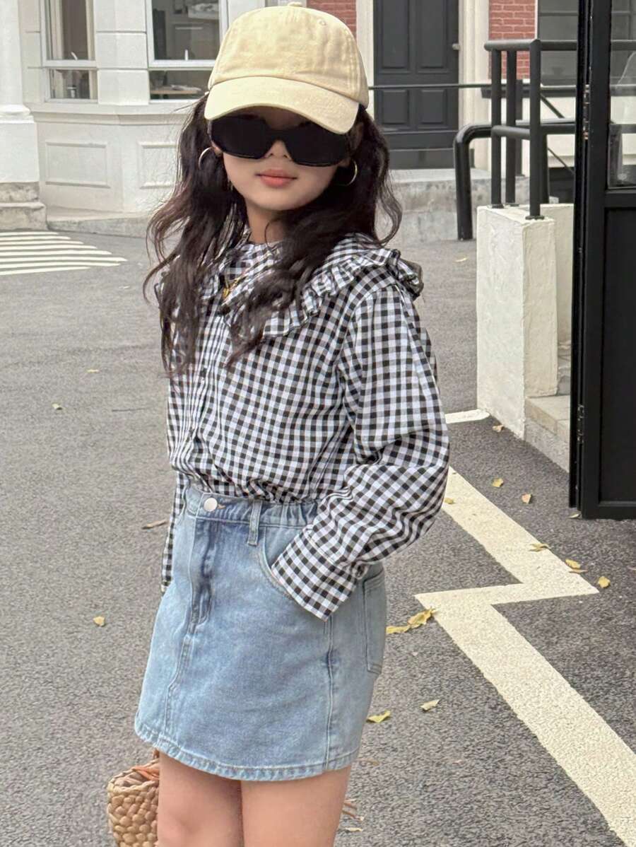 Dazy Kids 青少年女孩正面纽扣长袖格子休闲衬衫 - 黑與白 - 查看 1