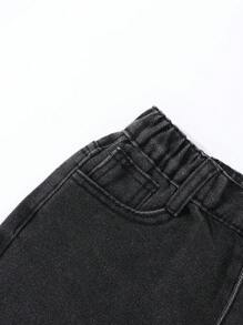 Sparklyn Tween Girl Y2K Street Daily 弹性腰部直筒牛仔裤，配有扁平口袋，女孩日常 OOTD 服装 - 黑色 - 查看 7