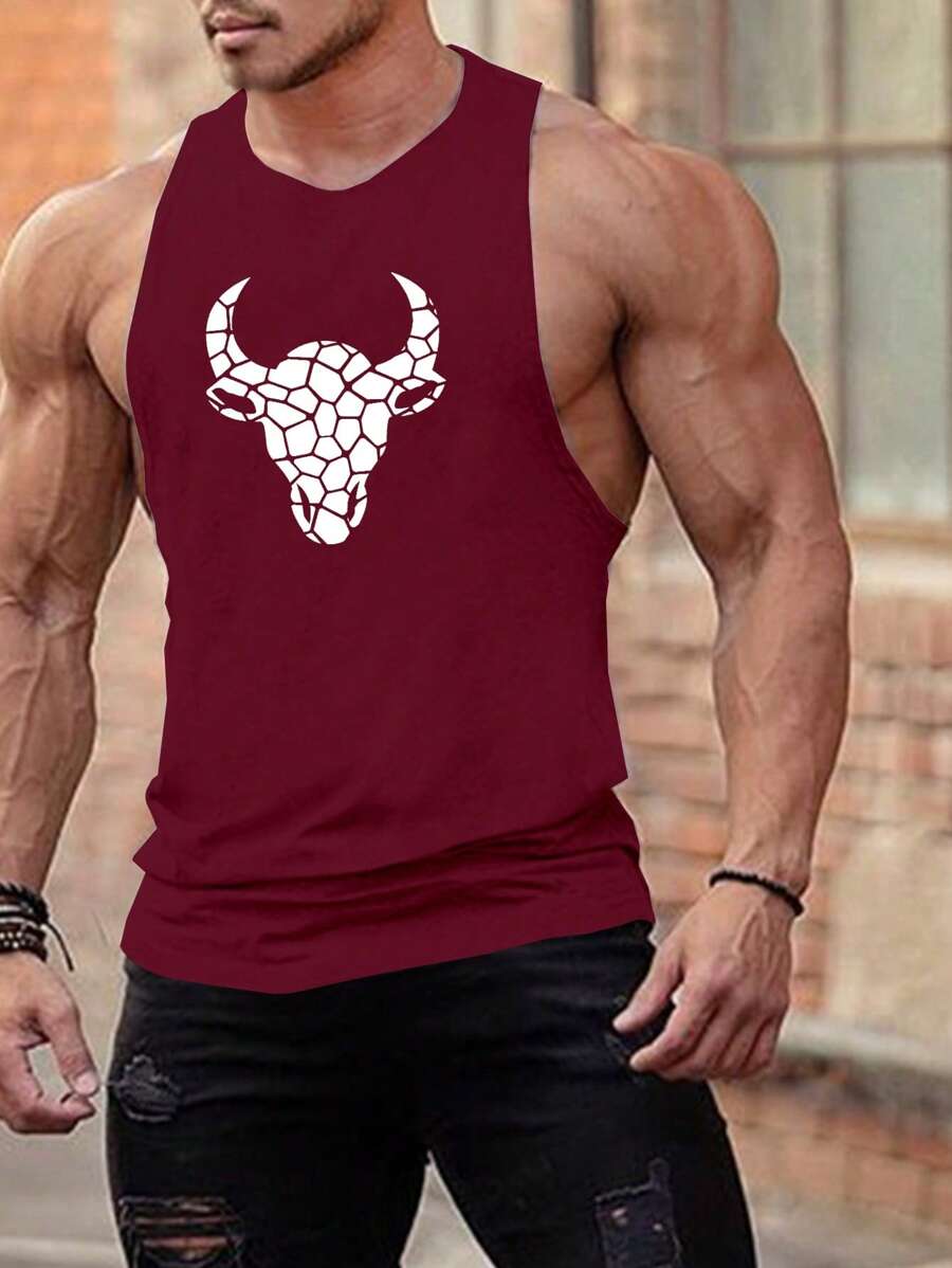 Manfinity Sport Corelite Men Cattle Head Print Sports Tank Top Workout Tops - Burgundy - View 1