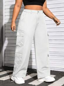 Solflare Quần Jeans Cargo Màu Trơn Đa Năng Thường Ngày Cỡ Lớn - trắng - Xem 6