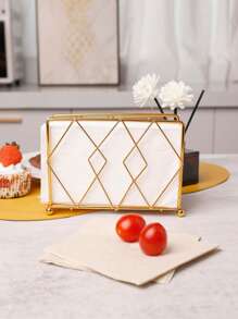 1pc Modern Minimalist Style Gold Iron Square Standing Tissue Holder, Iron Wire Desktop Standing Napkin Holder, Convenient , Suitable For Daily Restaurant Hotel Tabletop Tissue Storage Valentine's Day, Valentines Wedding, Birthday