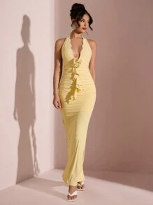 SHEIN BAE Abito aderente con scollo a V profondo, con rifiniture in pizzo, volant e coda a sirena, adatto per San Valentino, occasioni romantiche, feste, appuntamenti, damigelle, matrimonio, cocktail, uso quotidiano - Giallo - Visualizzare 3
