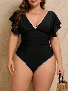 SHEIN Swim Curve 大码女式连体白色荷叶边泳衣，夏季海滩度假泳装 - 黑色 - 查看 5