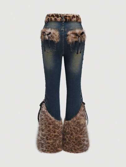 Our Goth Vintage Faded Patchwork Leopard Print Low Waist Jeans is