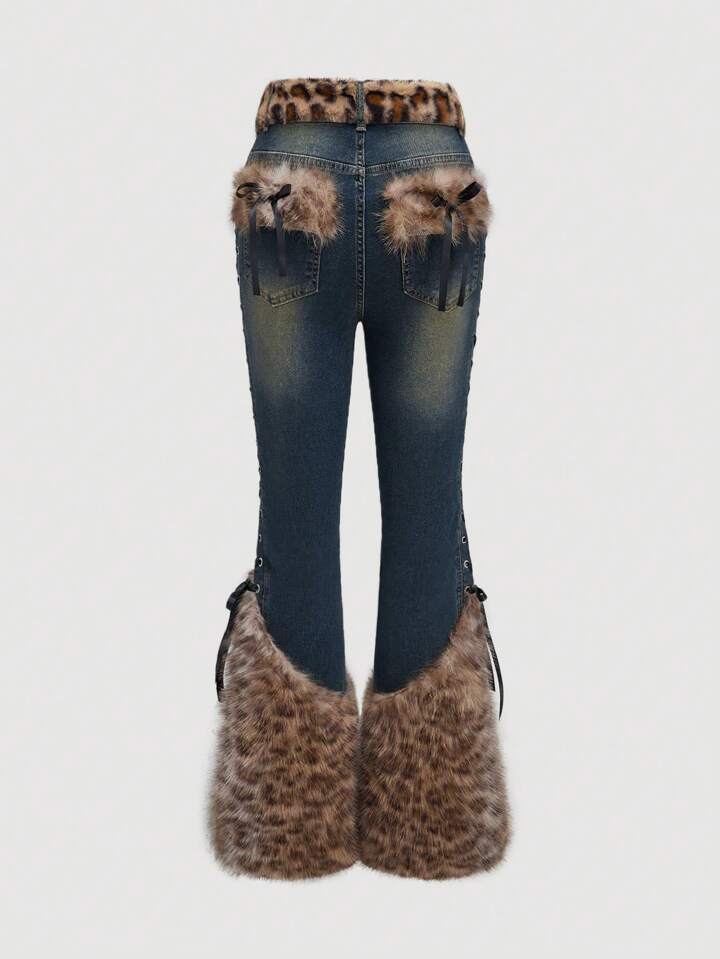 Our Goth Vintage Faded Patchwork Leopard Print Low Waist Jeans is