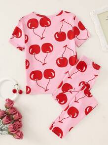 SHEIN Tween Girl Cherry Print Short Sleeve Top & Tight Fit Pants 2 Pieces Loungewear Set