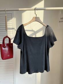 Comfortcana Plus Size Women's Acid Washed Look Vintage Knitted Distressed,Streetwear,Grunge ,Short Sleeve Square Neck Black T-Shirt,College Students,Spring Summer