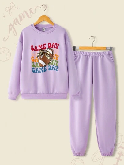 Teen Girl 2 Pieces Set Includes Casual Letter & Football Print Sweatshirt And Elastic Waist Pants, Autumn/Winter