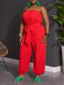 Slaydiva 大码女式休闲纯色连体裤，配有口袋、抽绳腰部和抹胸上衣