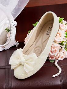 CUCCOO HITCHD Apricot Bow Decor Round Toe Flat Shoes For Women, Cute Elegant Casual, Commute, Date, Wedding, Office, Formal Party - Beige - View 8