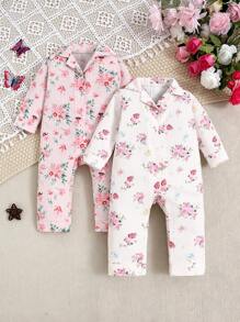 SHEIN 2pcs/Set Cute&Elegant Baby Girls Casual Allover Print Long Sleeve Jumpsuit Home Lounge Set - Baby Pink - View 3