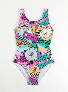 1pc Teen Girls' Random Print One-Piece Swimsuit - Multicolor - View 5