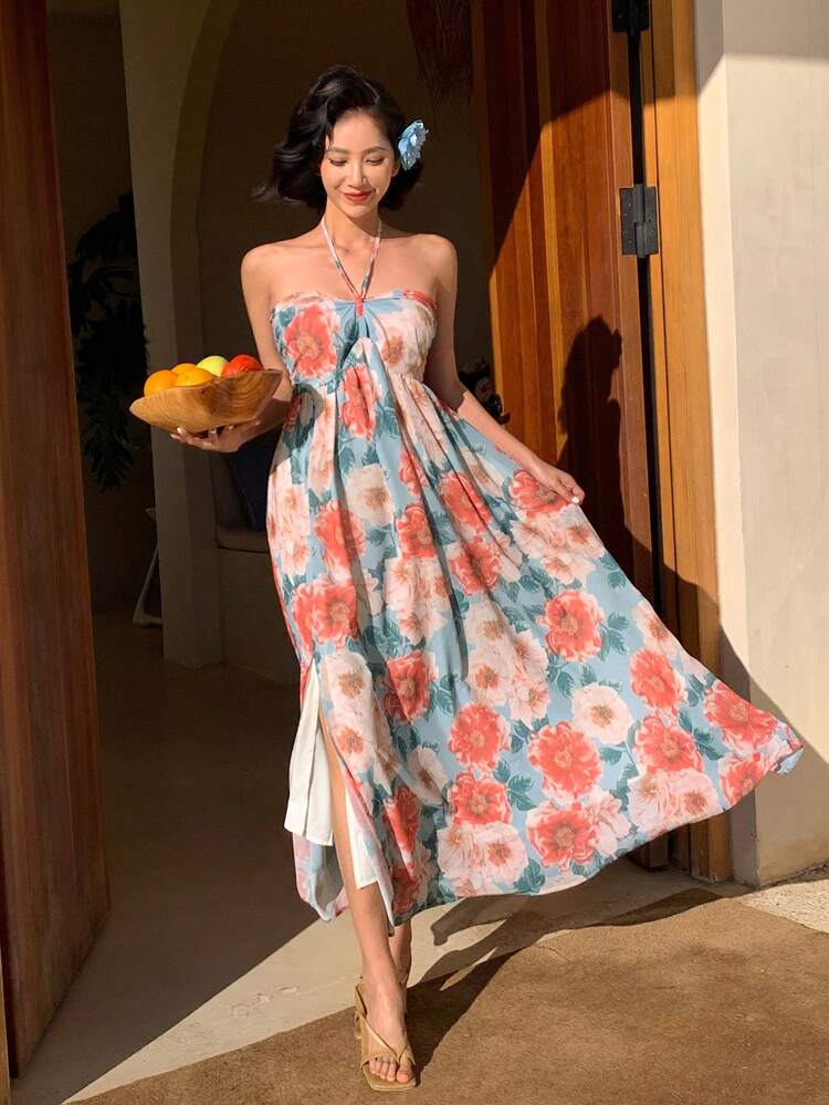 Women's Elegant Floral Print Open Back Halter Long Dress For Summer Beach Cruise Women Outfits Sundress Maxi Dress Boho