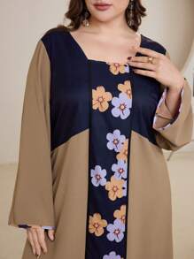 Lacomfia 2pcs/Set Plus Size Contrast Color Floral Print Flare Sleeve Top And Wide Leg Pants Modest - Multicolor - View 6