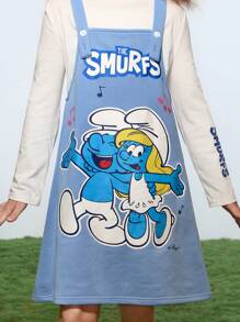 SHEIN X The Smurfs 2pcs/Set Tween Girl Cartoon Graphic White Casual Long Sleeve T-Shirt & Blue Cute Suspender Dress - Blue - View 3
