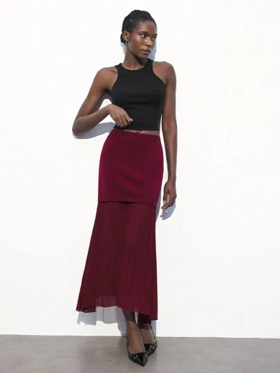 Maija 女士优雅红色纯色早春时尚简约松紧腰修身毛衣拼接雪纺褶皱裙，休闲日常穿着，情人节