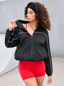 Women's Dropped Shoulder Long Sleeve Zip Front Loose Fit Athletic Jacket