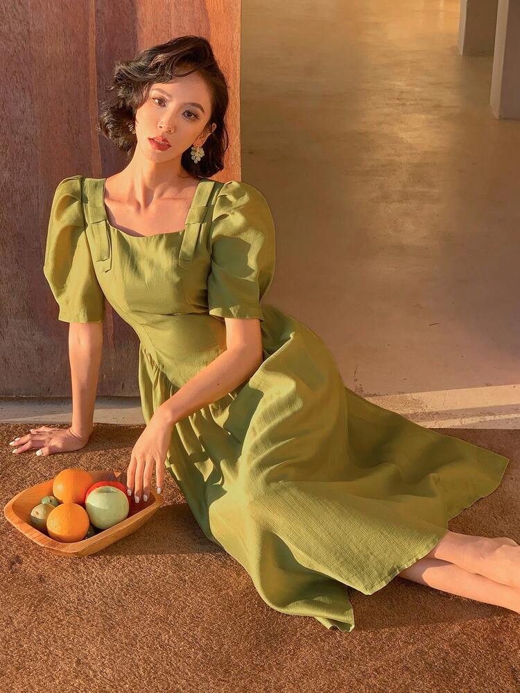 Solid Color Puff Sleeve Mid-Length Dress For Women Vacation Outfits Women Easter