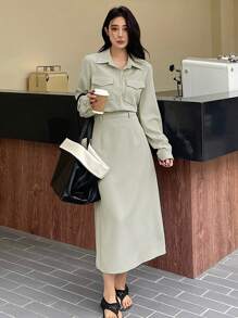 DAZY 2 件套女士纯色宽松衬衫和 A 字裙套装，荷叶边，秋季女装