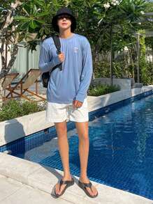 DAZY Men's Letter Print Long Sleeve T-Shirt, Blue, Spring/Summer - Blue - View 6