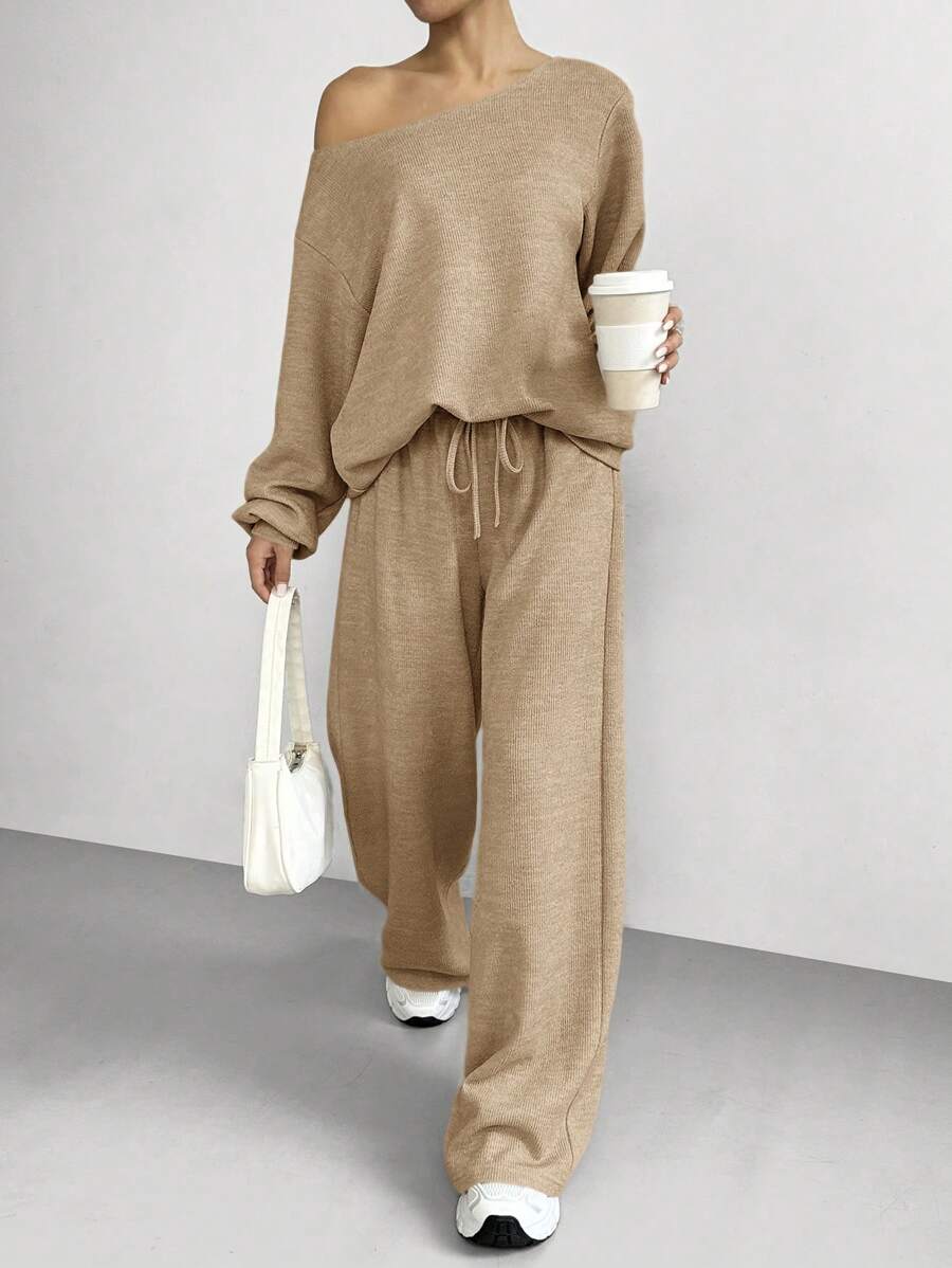 SHEIN EZwear 卡其色針織寬鬆上衣與長褲女款休閒兩件套居家旅行秋季套裝 - 駝色 - 查看 1