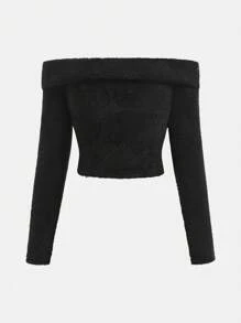 SHEIN Girlism Teen Girl's 2pcs/Set /Double Sided Velvet/One Shoulder Long Sleeves And Skirts - Black - View 4