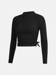 SHEIN Girlism 少女镂空心形刺绣高领褶饰长袖 T 恤 - 黑色 - 查看 3