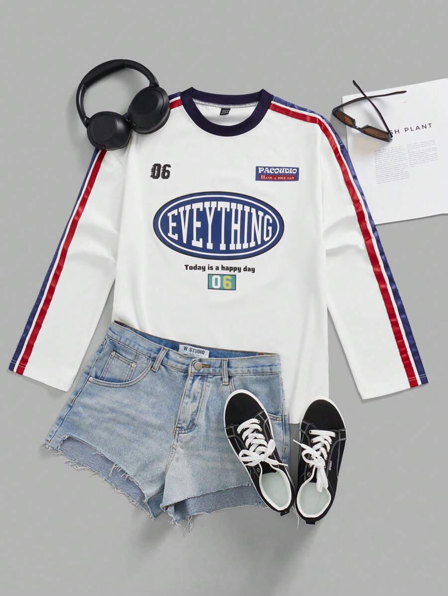 Gameset SHEIN Sport Loose Fit Casual Colorblock Stripe Slogan Print Sports T-Shirt - White - View 1
