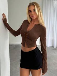 Aloruh Casual Solid Color Bowknot Decor Hollow-Out Crop Top - Brown - View 7