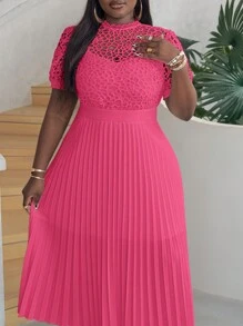 Slaydiva Lace Patchwork Pleated Puff Sleeve Plus Size Women Dress - Hot Pink - View 5