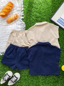 SHEIN 2 件装男婴/女婴装饰按扣针织柔软连帽上衣和松紧腰短裤套装