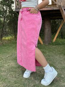 SHEIN EZwear Plus Size Denim Skirt Pants, Relaxed Fit Cotton Pants With Side Slit, Pink, Pink Y2k Skirt  For Spring &Summer,Suitable For Parties, Holidays, Dates, Valentine's Day, Afternoon Tea
﻿,Casual Holiday - Pink - View 5