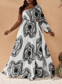 Slaydiva Plus Size Women Wood Grain Print Lantern Sleeve Casual Dress