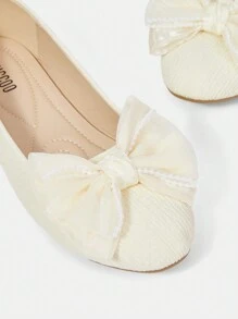 CUCCOO HITCHD Apricot Bow Decor Round Toe Flat Shoes For Women, Cute Elegant Casual, Commute, Date, Wedding, Office, Formal Party - Beige - View 6