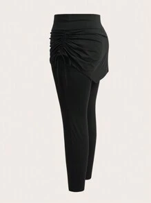 SHEIN Essnce Plus Size Women's Spring And Summer Fashion Casual Sports High Elastic Comfortable Daily Black 2 In 1 Leggings Skirt Pants,Women Bottom,Summer Outfits For Women,Workout Pants,Y2k Clothes - Black - View 3