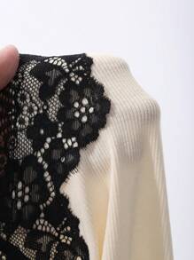 Livesso Camicia da notte comoda in maglia a costine con inserti in pizzo e blocchi di colore, per uso domestico e pigiama - Beige - Visualizzare 7