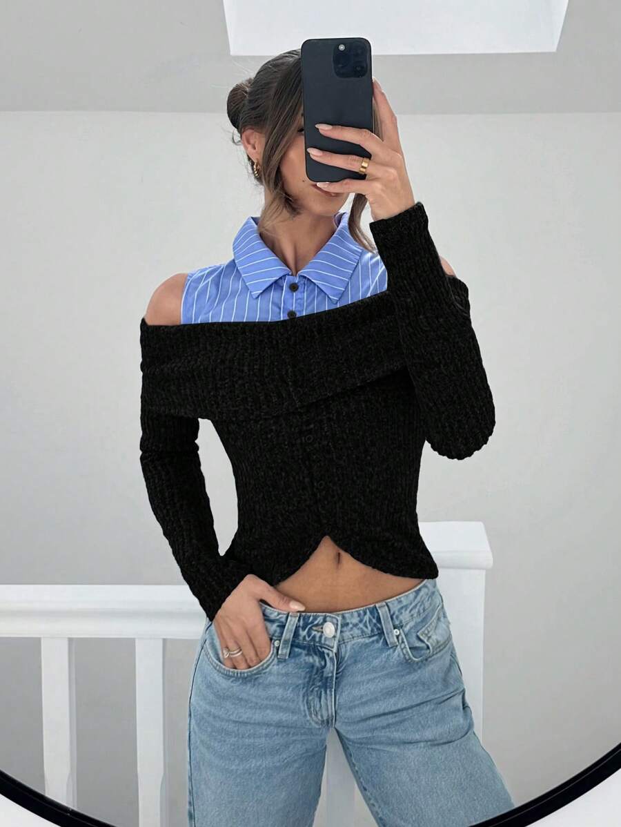 SHEIN Essnce Women's Autumn Striped Patchwork Open Shoulder Long Sleeve Fitted Top - Black - View 1