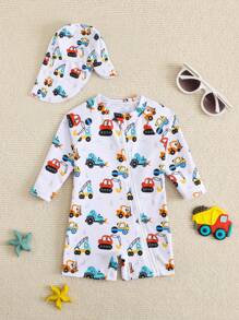 Newborn Cartoon Car Print Long Sleeve One Piece Swimsuit With Hat